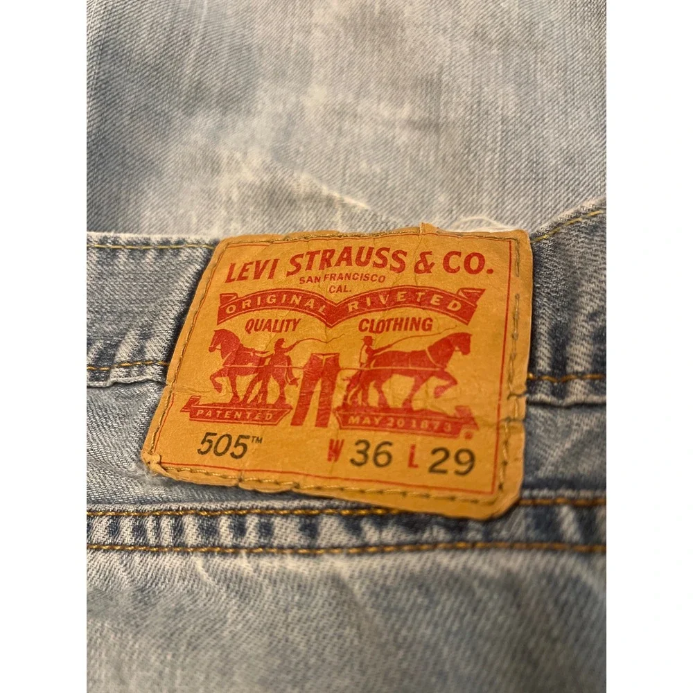 Levis 505 Regular Fit Straight Leg Distressed Jeans Light Wash Mens 36x29
